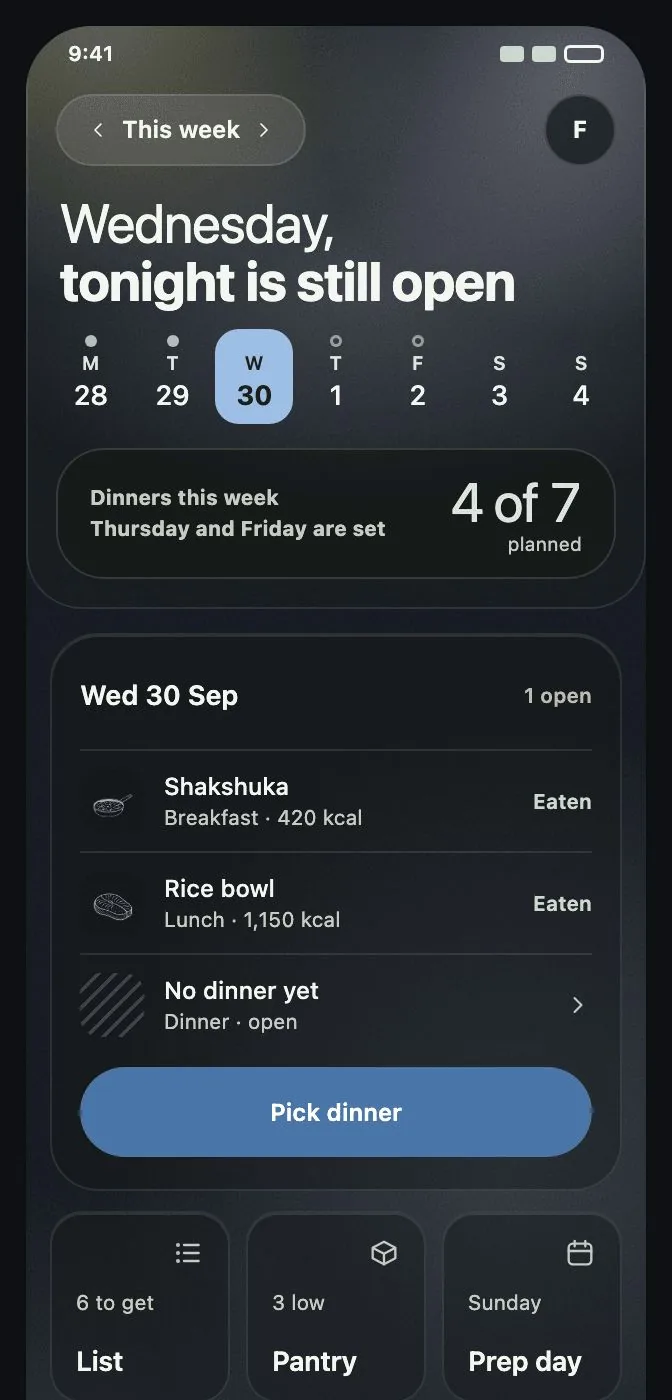 The Plan screen: Wednesday, tonight is still open, four of seven dinners planned