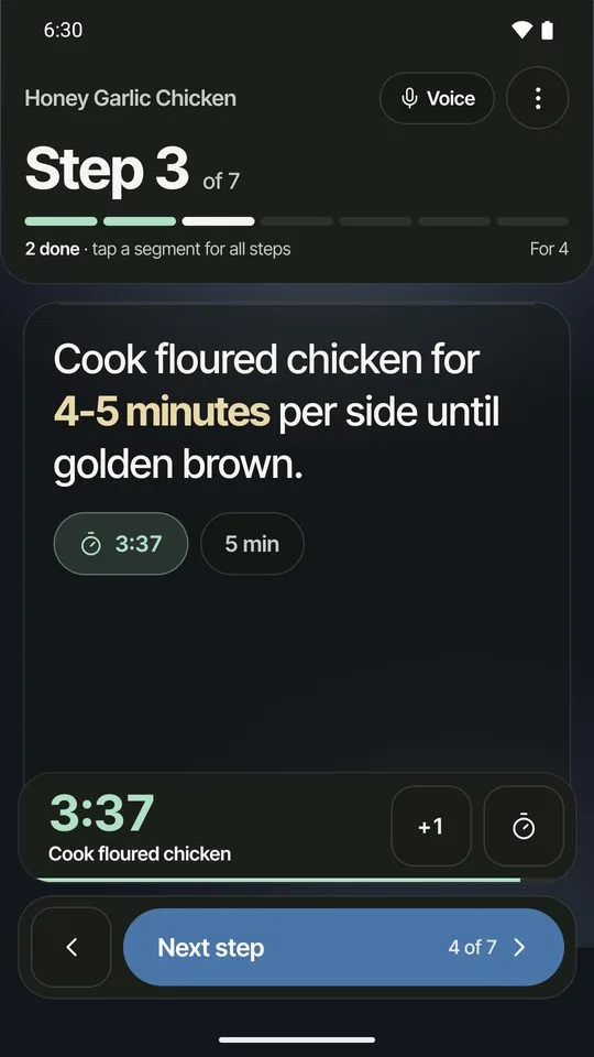 Cook mode: step 3 of 7, cook floured chicken for 4 to 5 minutes per side, timer at 3:37